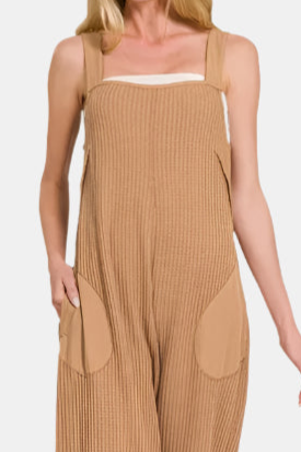 Knit Waffle Wide Leg Overalls / DEEP CAMEL