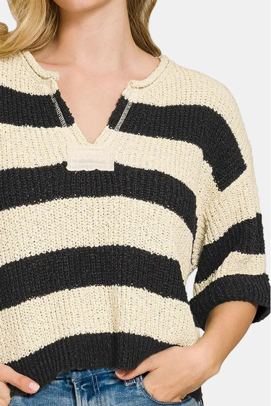 Split Neck Striped Sweater / BLACK