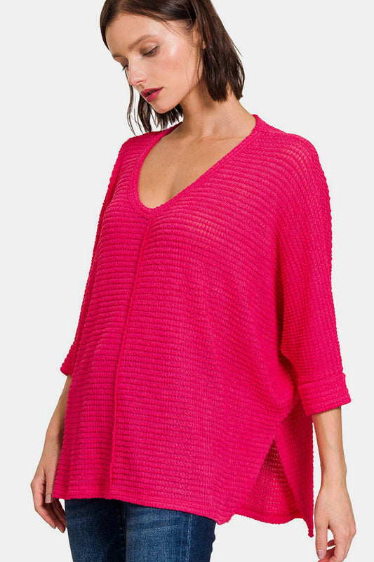 3/4 Sleeve V-Neck Hi-Low Hem Jacquard Sweater