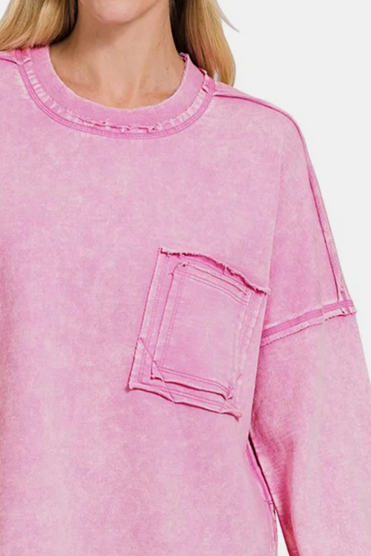 F/Terry Acid Wash Raw Edge Front Pocket Pullover / MAUVE