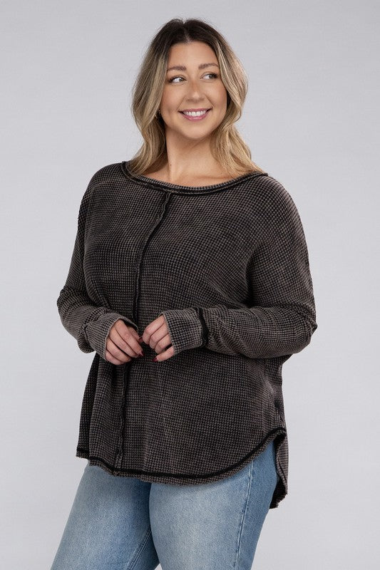 Plus Washed Baby Waffle Oversized Long Sleeve Top