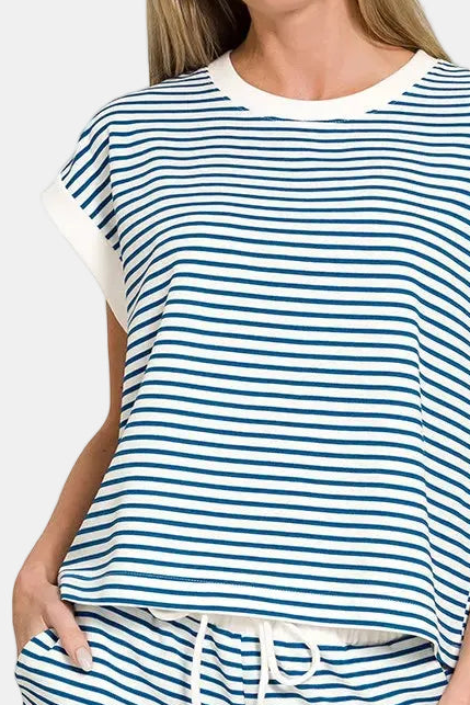 Stripe Contrast Trim Top & Shorts Set / CLASSIC BLUE