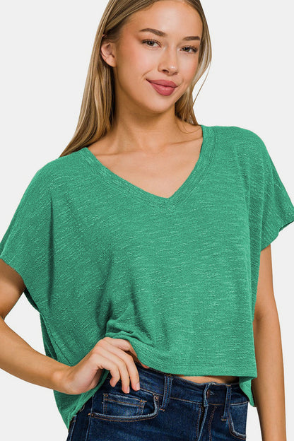 V-Neck Drop Shoulder Short Sleeve Crop Top