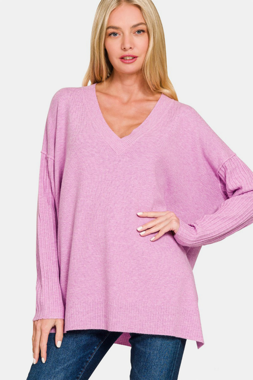 Viscose Ribbed Hem & Sleeve V-Neck Sweater