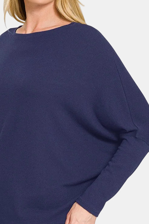 Hacci Dolman Long Sleeve Boat Neck Top / DK NAVY