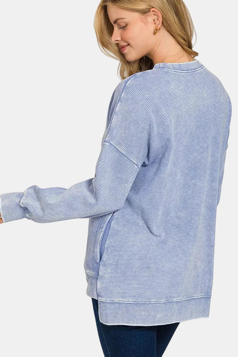 Acid Washed Double Ribbed Hi-Low Pullover / K GREEN