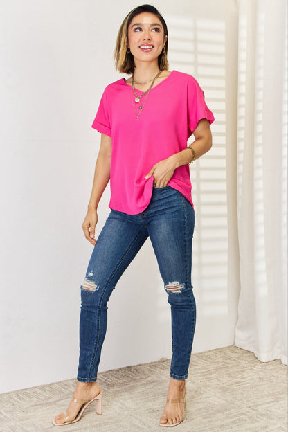 Woven Heavy Dobby Rolled Sleeve V-Neck Top