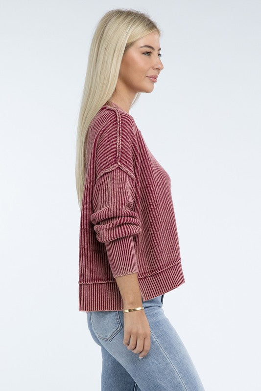 Washed Side Slit Oversized Cropped Sweater