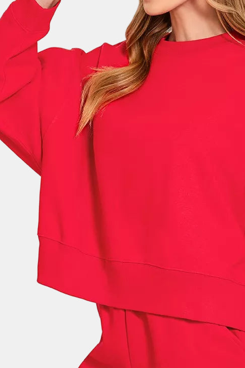 Fleece Round Neck Pullover & Shorts Set / RUBY