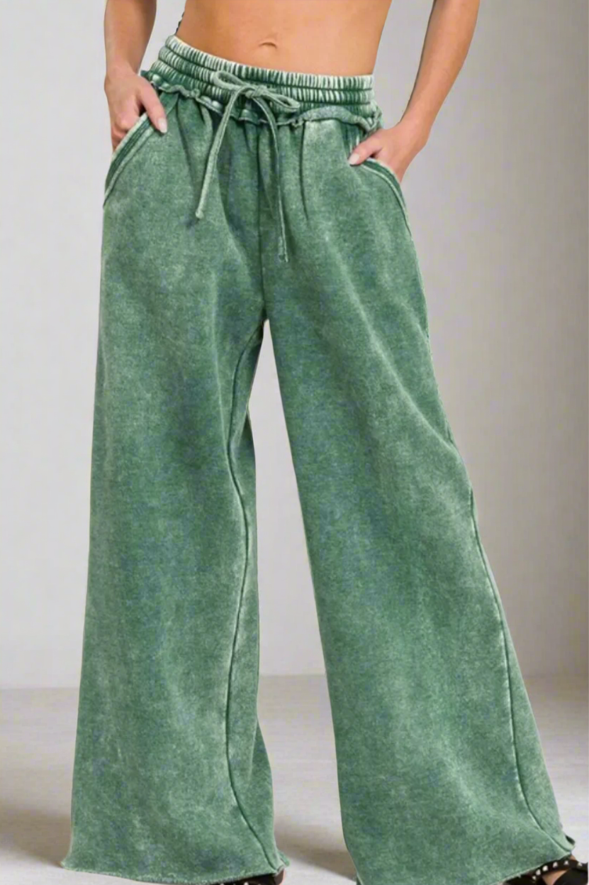 Acid Wash Fleece Palazzo Sweatpants with Pockets / DK GREEN