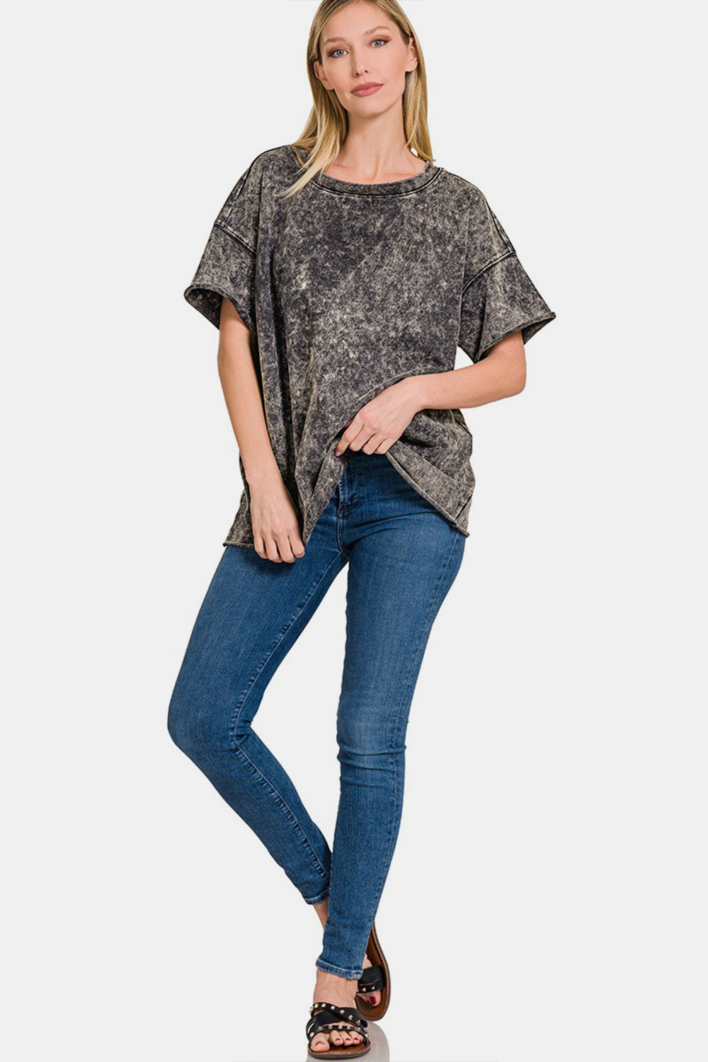 Acid Wash French Terry Drop Shoulder Raw Edge Top