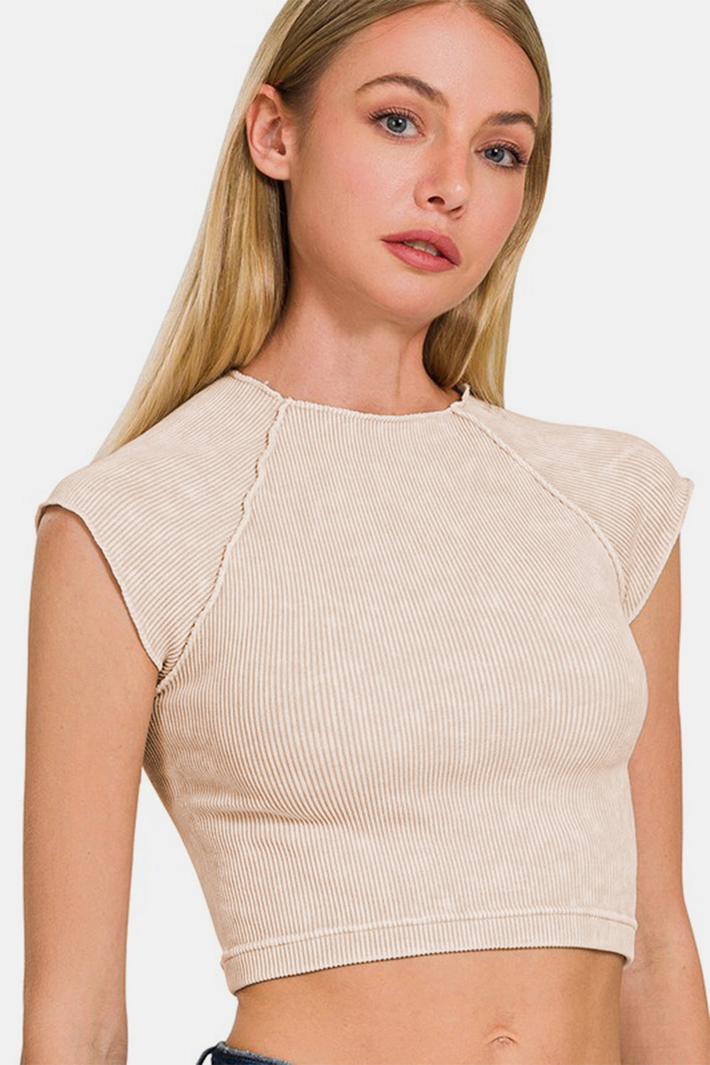 Stone Washed Ribbed Seamless Round Neck Crop Top