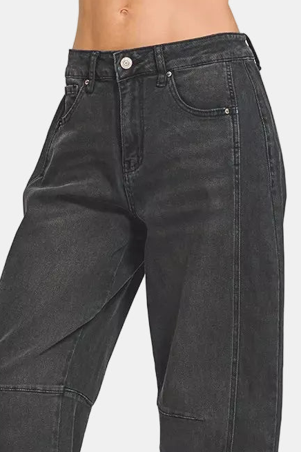 Barrel-Leg Cropped Color Denim Pants / BLACK