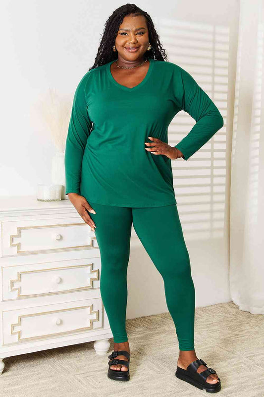 Brushed DTY Microfiber Loungewear Set (V-Neck Long Sleeve) / DK GREEN