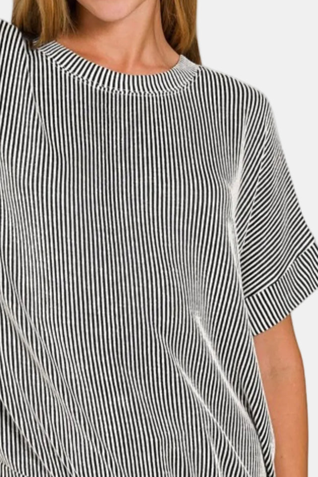 Corded Rib Short Sleeve Top / BLACK