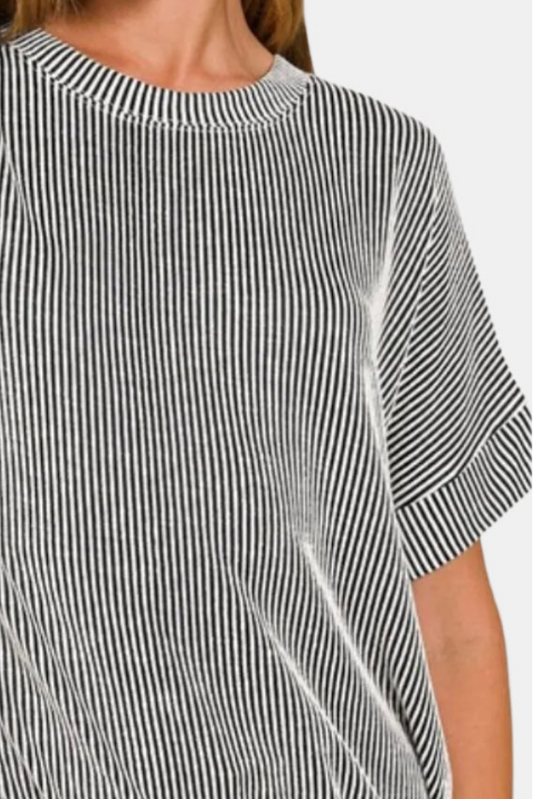 Corded Rib Short Sleeve Top / BLACK