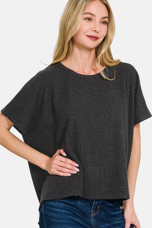 Ribbed Round-Neck Short-Sleeve Sweater / Black