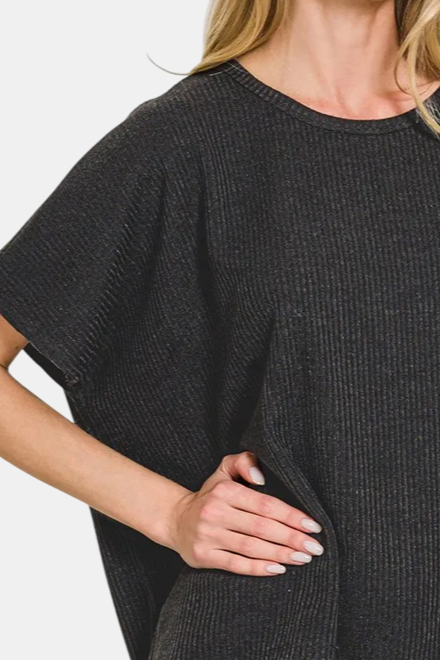 Ribbed Round-Neck Short-Sleeve Sweater / Black
