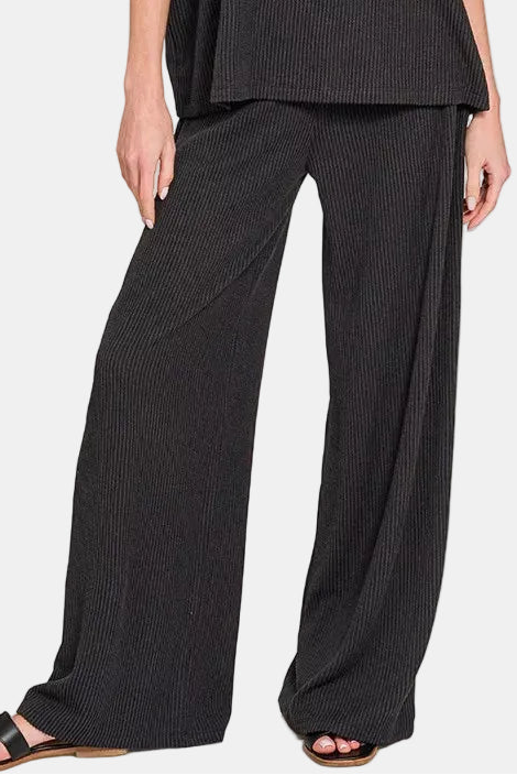 Raised Rib Mock Neck Tee & Pants Set / BLACK