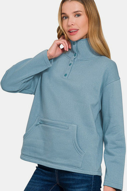 Fleece High Neck Half Snap Button Front Sweatshirt