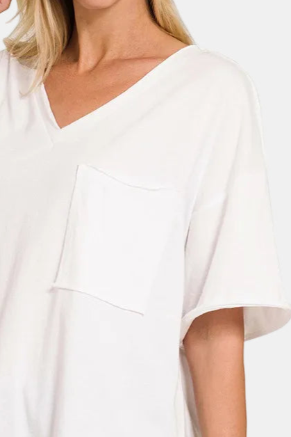 Front Pocket Raw Edge Boyfriend Tee / WHITE