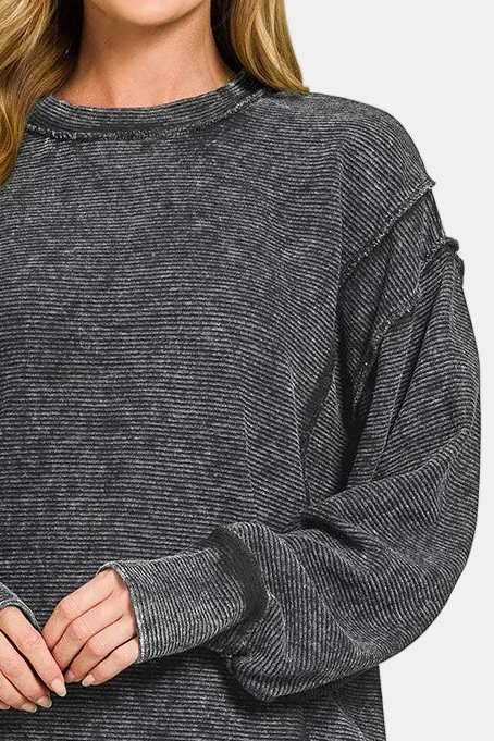 Acid Washed Double Ribbed Exposed-Seam Pullover / BLACK