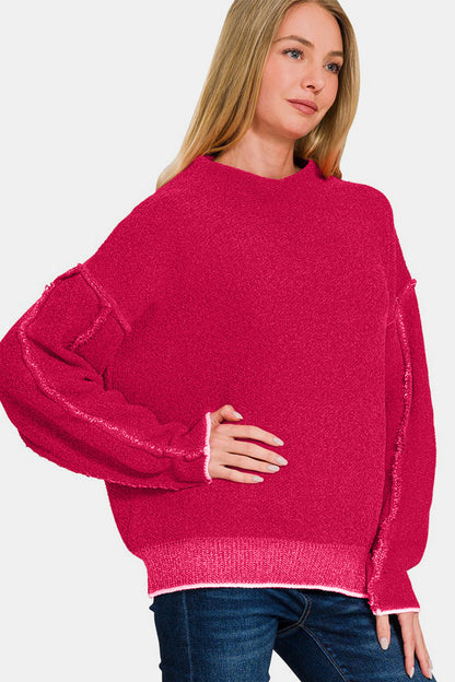 Oversized Mock Neck Raw Seam Chenille Sweater