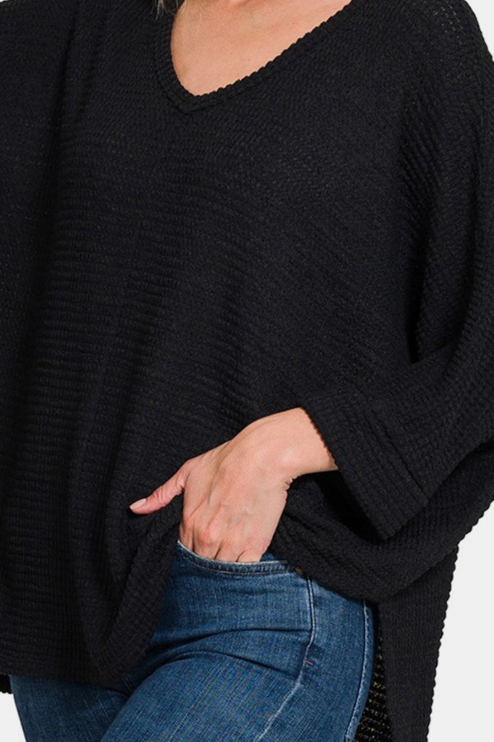 3/4 Sleeve V-Neck Jacquard Sweater