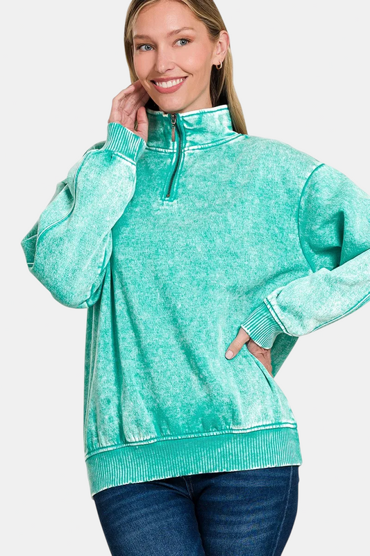 Acid Wash Fleece Half Zip Pullover / TURQUOISE