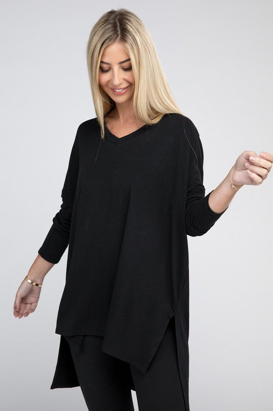 Dolman Long Sleeve V-Neck Side Slit Hi-Low Hem Top