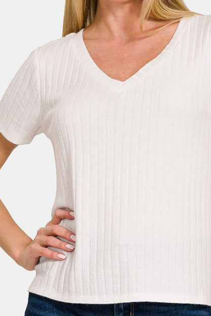 Ribbed Short Sleeve V Neck Top