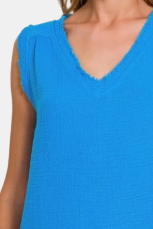 Double Gauze Raw Edge V-Neck Tank / DEEP SKY