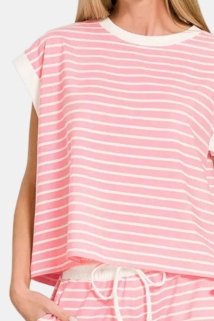 Stripe Contrast Trim Top & Shorts Set / DK PINK