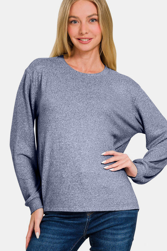 Soft Melange Hacci Round Neck Long Sleeve Tee