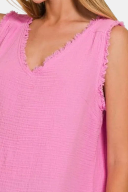 Double Gauze Raw Edge V-Neck Tank / CANDY PINK