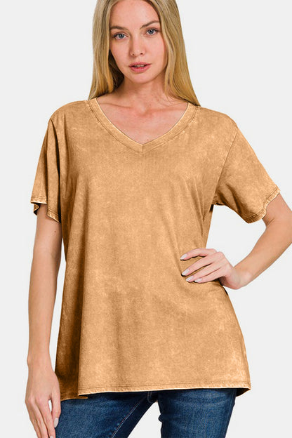 Washed Short Sleeve V-Neck Top