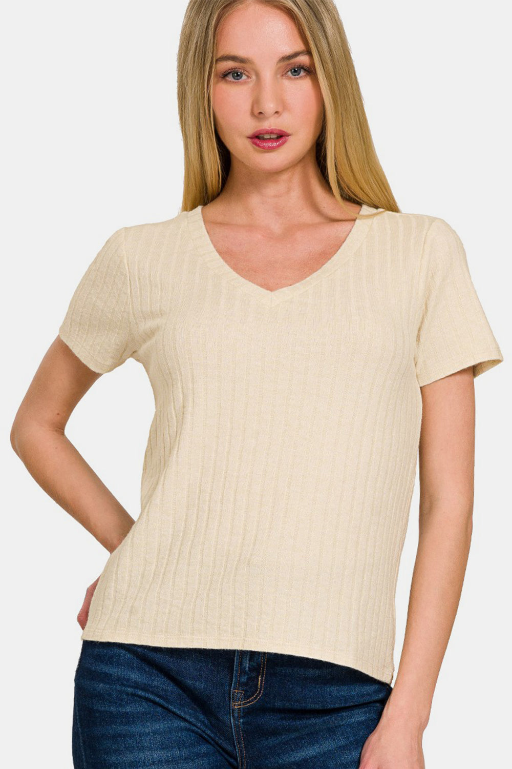 Ribbed Short Sleeve V-Neck Top