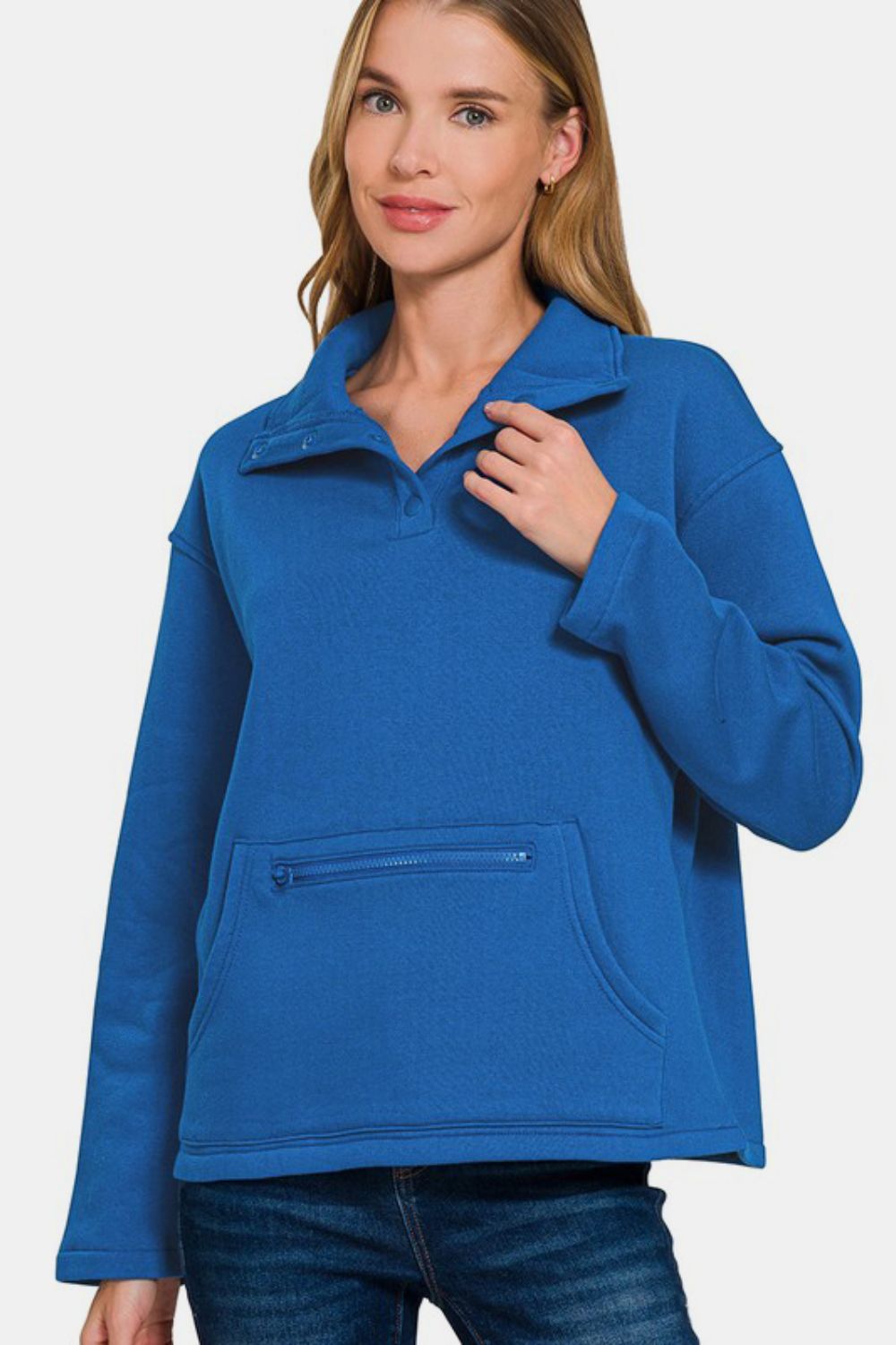 Fleece High Neck Half Snap Button Front Sweatshirt