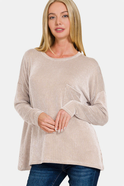 Ribbed Striped Oversized Long Sleeve Top