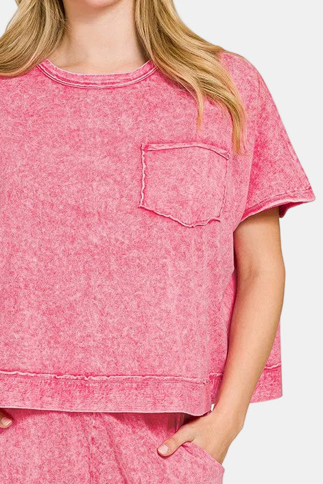 Halo Snow Washed Boxy Top & Shorts Set / RED