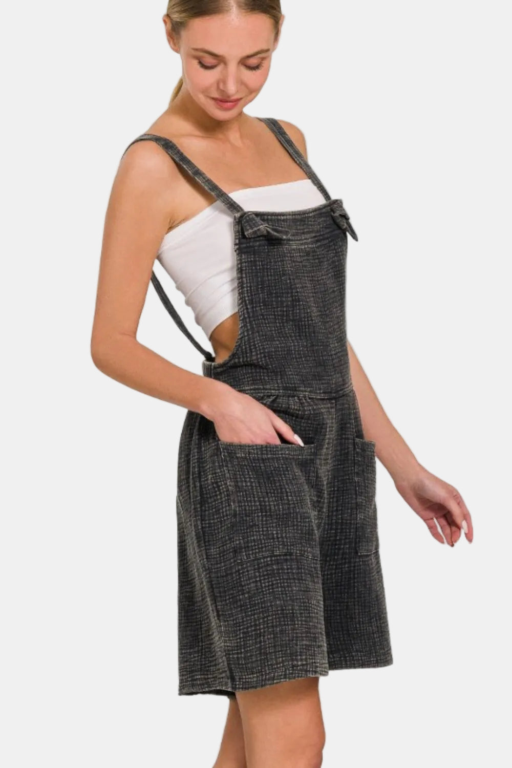 Woven Double Gauze Acid Washed Romper / ASH BLACK