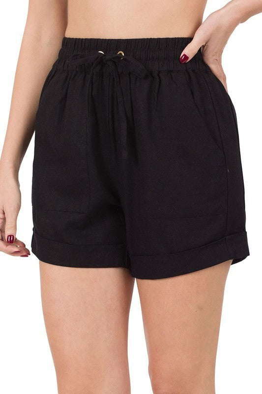 Linen Drawstring-Waist Shorts with Pockets