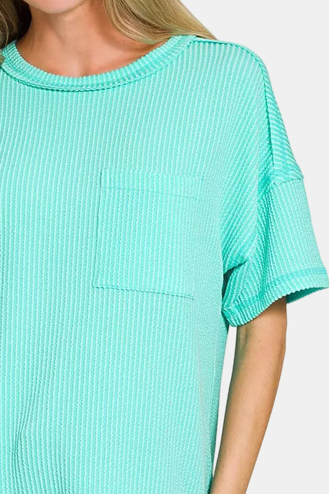 Raised Rib Exposed Seam Short Sleeve Top / MINT