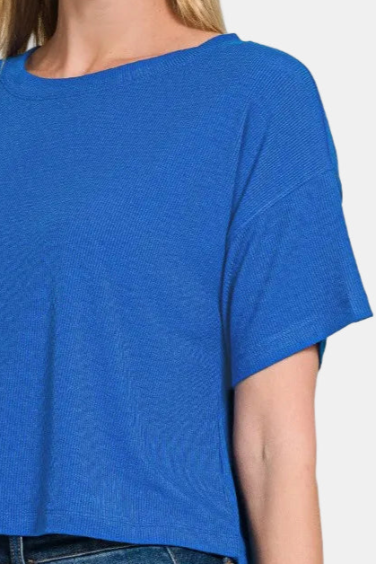 Ribbed Round-Neck Crop Box Tee / CLASSIC BLUE