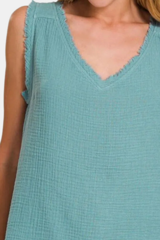 Double Gauze Raw Edge V-Neck Tank / DUSTY TEAL