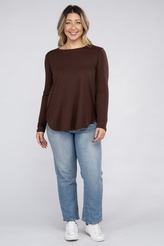 Plus Long Sleeve Round Neck Round Hem Top