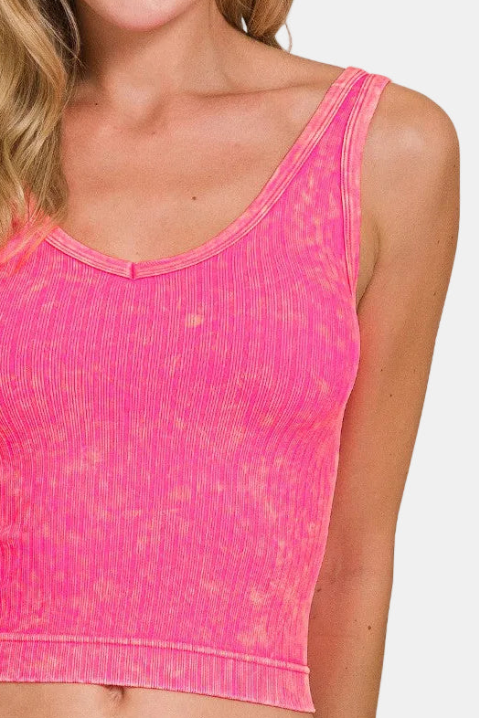 Washed Ribbed Seamless Cropped V-Neck Tank Top / N CORAL FUCHSIA