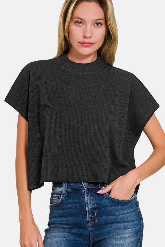 Viscose Mock Neck Short Sleeve Boxy Sweater / BLACK