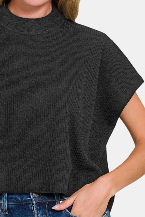 Viscose Mock Neck Short Sleeve Boxy Sweater / BLACK