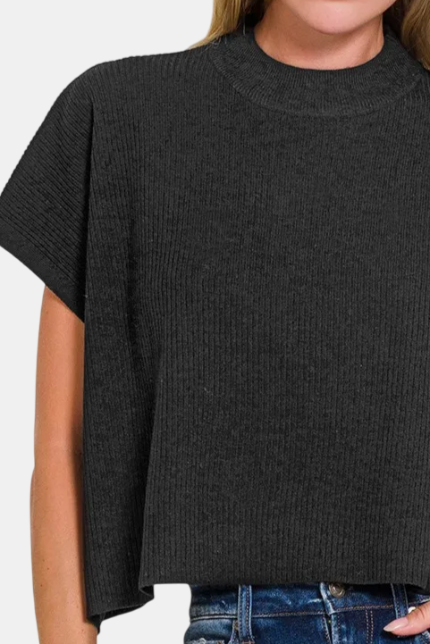 Viscose Mock Neck Short Sleeve Boxy Sweater / BLACK